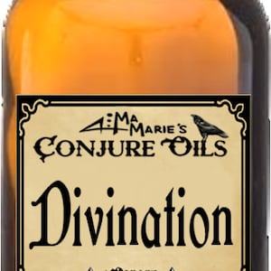 May include: A brown glass bottle with a black cap and a label that reads "Aunt Marie's Conjure Oils Divination 1 ounce Deep Down South Louisiana".