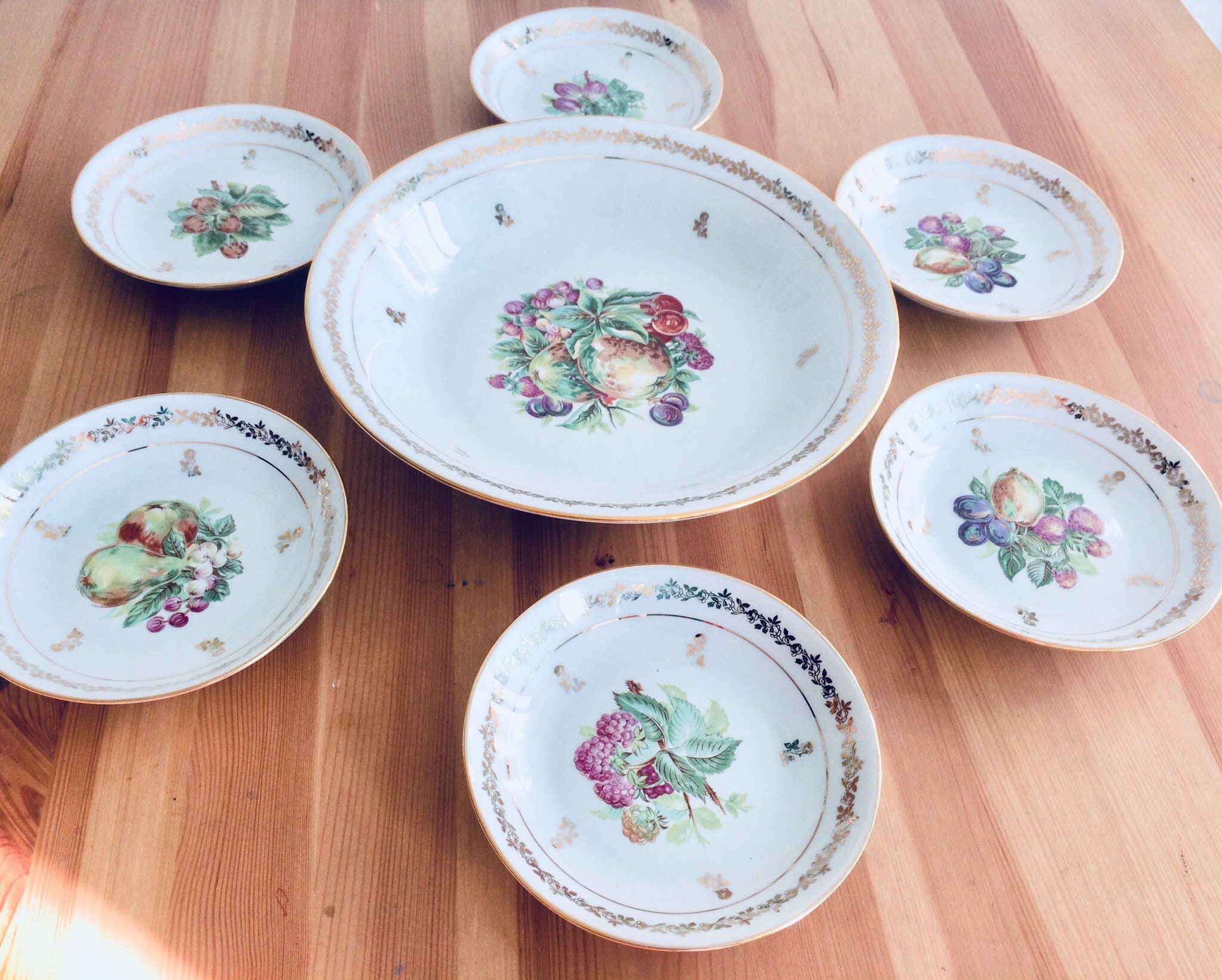 Saladier et Ses Bols | 1+6 en Fine Porcelaine de Limoges avec Illustrations Multicolores Fruits Orne