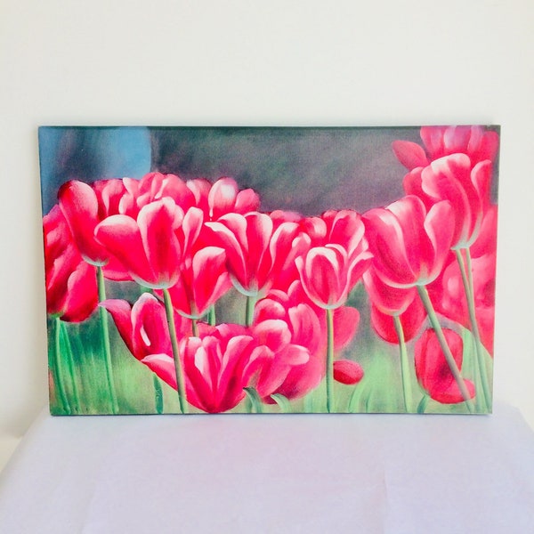 Tableau rectangulaire de peinture printanier tulipes rouges.