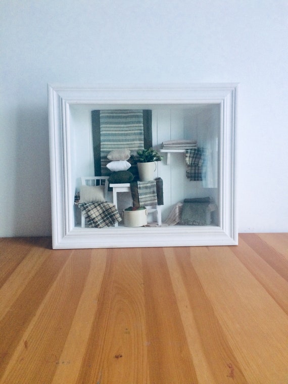 Rectangular White Wooden 3d Frame Miniature Bedroom Scene Hand Made