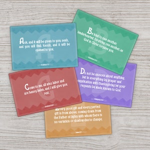 May include: Five colorful cards with inspirational quotes and bible verses. Each card has a different color and features a different verse from the Bible. The cards are perfect for encouraging and uplifting others.