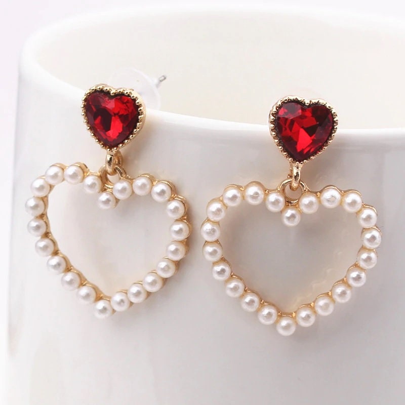 Red Heart Pearl Earrings for Women Simple Hollow Dangle - Etsy