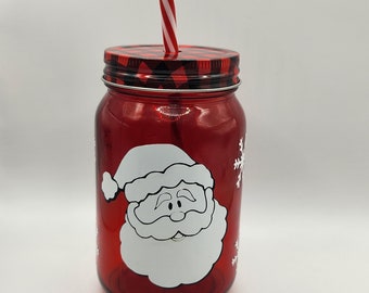 Personalized Add your Initials Jar-Shaped Glass Tumblers with Screw-On Lids and Straws with Hand Crafted Santa Design , 16 oz.