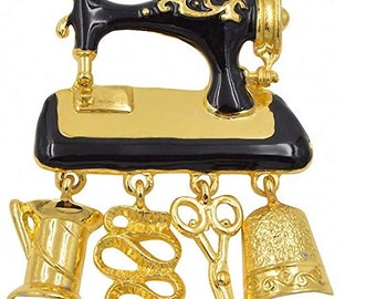Black Enamel Sewing Machine Brooches Women Gold Brooch