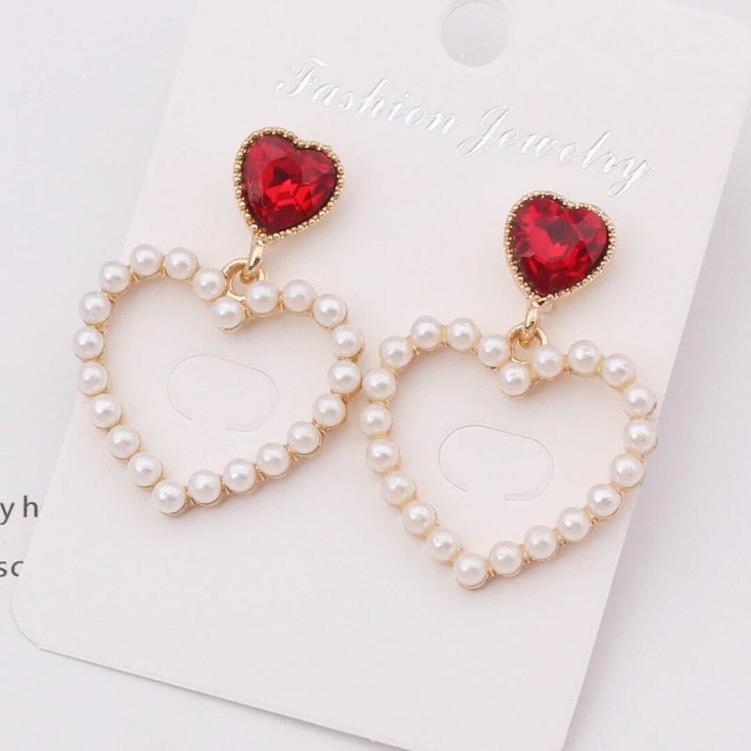 Red Heart Pearl Earrings for Women Simple Hollow Dangle - Etsy