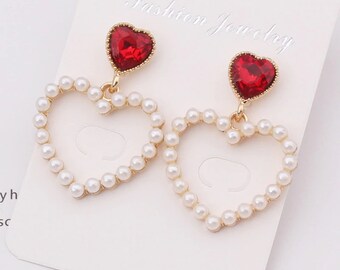 Red Heart Pearl Earrings For Women Simple Hollow Dangle Earring Sweet Rhinestone