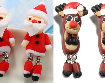 Christmas Creative Santa Claus and Rudolph Red Nose Reindeer Earrings Women Jewelry Gift