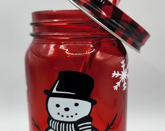 Personalized Add your Initials Jar-Shaped Glass Tumblers with Screw-On Lids and Straws with Hand Crafted Snowman Design , 16 oz.