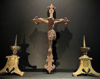 French Vintage Hand carved Wood Church/Alter Crucifix with Fleur de lys and Quatrefoil Detail.