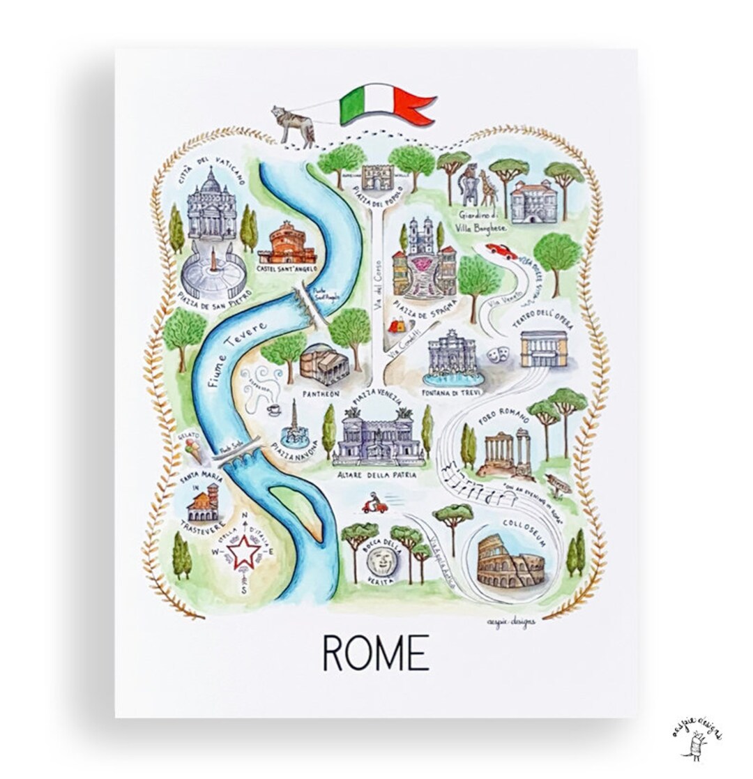 Rome City Map Art Print - Watercolor - Etsy