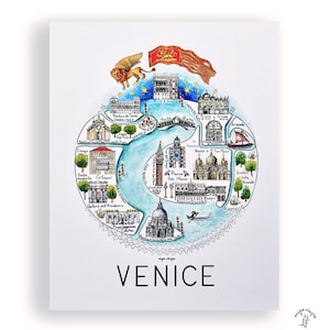 May include: A watercolor illustration of a map of Venice, Italy. The map is circular and features landmarks like the Rialto Bridge, St. Mark's Square, and the Doge's Palace. The map is surrounded by a decorative border and the word "VENICE" is written in black at the bottom.