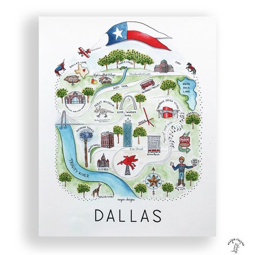 Art Print Dallas Texas City Map Illustration Landmarks Etsy