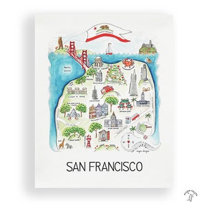 May include: A watercolor illustration of a map of San Francisco, California. The map features landmarks like the Golden Gate Bridge, Alcatraz Island, and the Transamerica Pyramid. The map is surrounded by a blue ocean and green hills. The text "SAN FRANCISCO" is written in black at the bottom of the map.