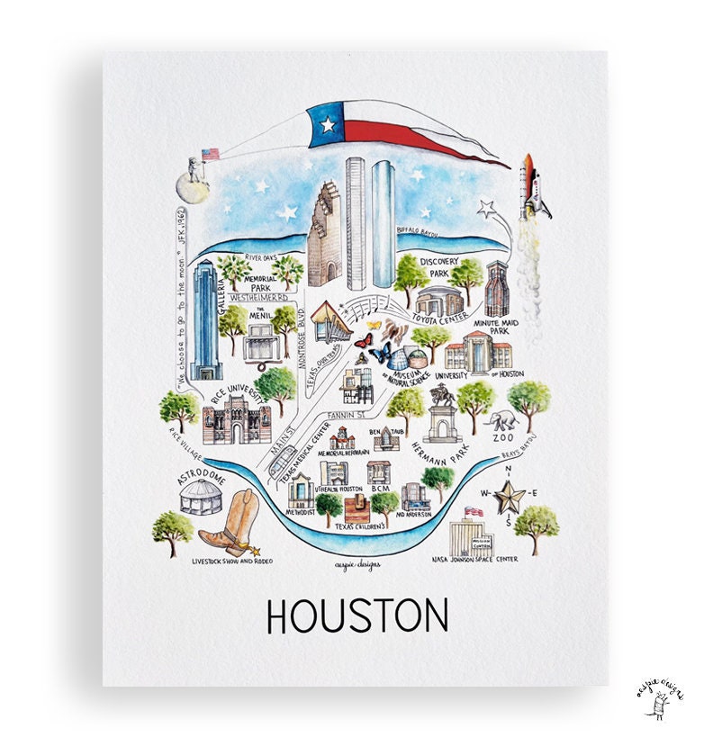 Houston City Map Art Print - Watercolor