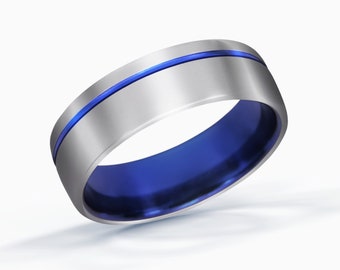 Bague bleue, alliance, bague en titane, bague fine ligne bleue