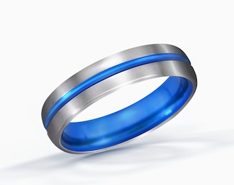 Blue Line Titanium Ring, Wedding Band