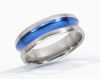 Wide Channel Ring, Stripe Ring, Blue Line Ring, Titanium Ring