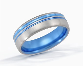 Blue Ring, Wedding Band, Titanium Ring, Dual Thin Blue Line Ring