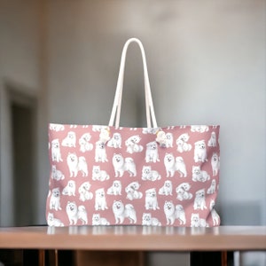 Weekender Bag, Samoyed Print Bag, Oversized Weekender Tote