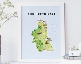 The North East Map - Illustrated map of the North East of England Print