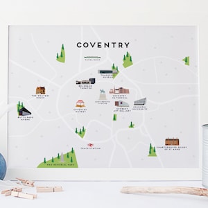 Coventry Karte - Illustrierte Karte von Coventry Print / Reisegeschenke / Geschenke für Reisende / UK / Großbritannien