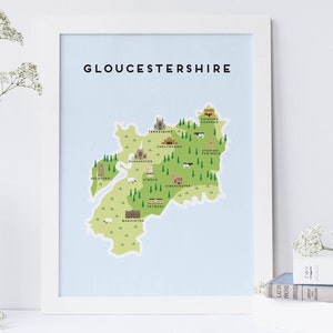 Gloucestershire Map - Illustrierte Karte von Gloucestershire / Reisegeschenke / Geschenke für Reisende / Vereinigtes Königreich / Großbritannien