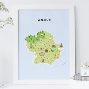 Angus Map - Illustrierte Karte von Angus / Reisegeschenke / Geschenke für Reisende / Großbritannien / Schottland