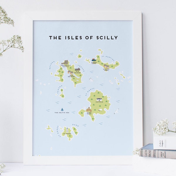 The Scilly Isles Map - Illustrated Map of The Scilly Isles Print / Travel Gifts / Gifts for Travellers / Royaume-Uni / Grande-Bretagne