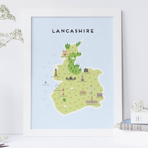 Lancashire Map - Illustrated Map of Lancashire Print / Travel Gifts / Gifts for Travellers / United Kingdom / Great Britain