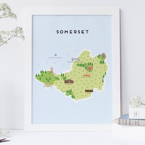 Somerset Map - Illustrierte Karte von Somerset / Reisegeschenke / Geschenke für Reisende / Vereinigtes Königreich / Großbritannien