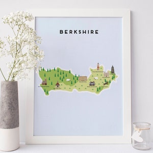 Berkshire Map - Illustrierte Karte von Berkshire / Reisegeschenke / Geschenke für Reisende / Vereinigtes Königreich / Großbritannien