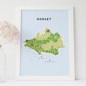 Mapa Dorset Mapa ilustrado de impresión Dorset / regalos de viaje / regalos para viajeros / Reino Unido / Gran Bretaña imagen 1