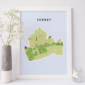 Surrey Map - Illustrated Map of Surrey Print / Travel Gifts / Gifts for Travellers / United Kingdom / Great Britain