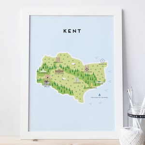 Mapa de Kent - Mapa ilustrado de Kent para imprimir / Regalos de viaje / Regalos para viajeros / Reino Unido / Gran Bretaña