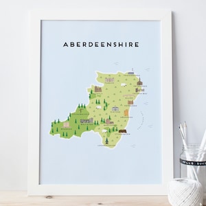 Aberdeenshire Map - Illustrated Map of Aberdeenshire Print / Travel Gifts / Gifts for Travellers / United Kingdom / Great Britain