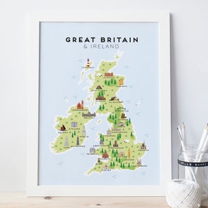 Mapa de Gran Bretaña e Irlanda - Mapa ilustrado de Gran Bretaña Imprimir / Reino Unido / Regalos de viaje / Regalos para viajeros
