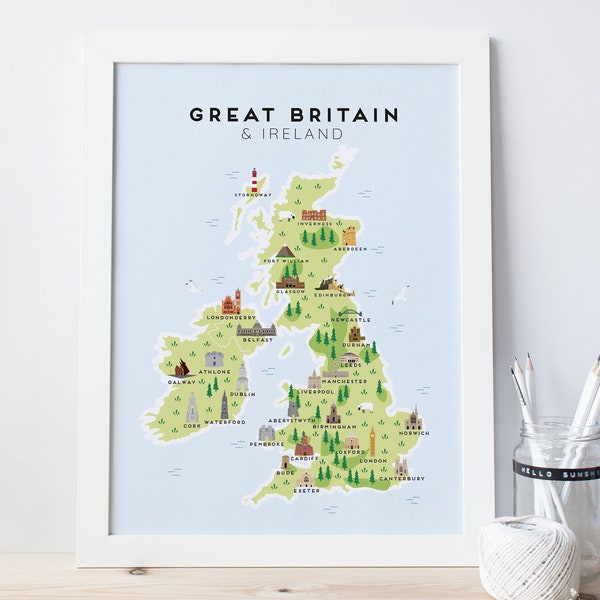 Great Britain & Ireland Map - Illustrated Map of Great Britain Print / United Kingdom / Travel Gifts / Gifts for Travellers