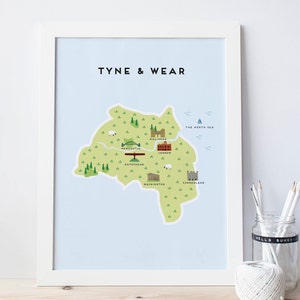 Tyne and Wear-kaart - geïllustreerde kaart van Tyne and Wear-print / reiscadeaus / cadeaus voor reizigers / Verenigd Koninkrijk / Groot-Brittannië