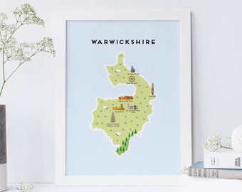 Warwickshire Map - Illustrated Map of Warwickshire Print / Travel Gifts / Gifts for Travellers / United Kingdom / Great Britain