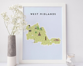 West Midlands Map - Illustrated Map of The West Midlands Print / Travel Gifts / Gifts for Travellers / United Kingdom / Great Britain