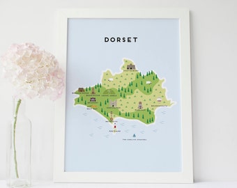 Dorset Map - Illustrated Map of Dorset Print / Travel Gifts / Gifts for Travellers / United Kingdom / Great Britain