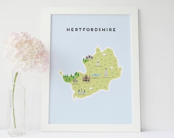 Hertfordshire Map - Illustrated Map of Hertfordshire Print / Travel Gifts / Gifts for Travellers / United Kingdom / Great Britain