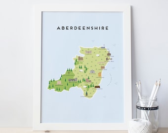 Aberdeenshire Map - Illustrated Map of Aberdeenshire Print / Travel Gifts / Gifts for Travellers / United Kingdom / Great Britain