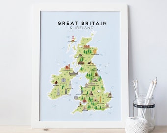 Great Britain & Ireland Map - Illustrated Map of Great Britain Print / United Kingdom / Travel Gifts / Gifts for Travellers