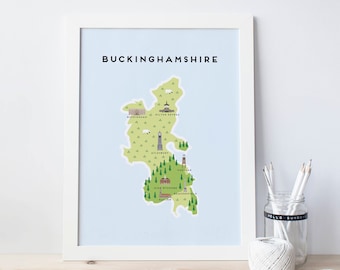 Buckinghamshire Map - Illustrated Map of Buckinghamshire Print / Travel Gifts / Gifts for Travellers / United Kingdom / Great Britain