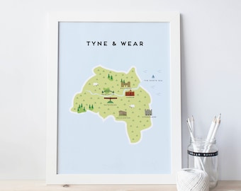 Tyne and Wear Map - Illustrated Map of Tyne and Wear Print / Travel Gifts / Gifts for Travellers / United Kingdom / Great Britain