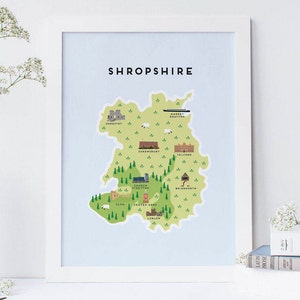 Shropshire Map - Illustrierte Karte von Shopshire Print / Reisegeschenke / Geschenke für Reisende / Vereinigtes Königreich / Großbritannien