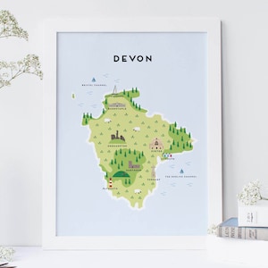 Devon Map - Illustrierte Karte von Devon / Reisegeschenke / Geschenke für Reisende / Vereinigtes Königreich