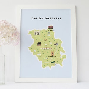 Carte du Cambridgeshire - carte illustrée du Cambridgeshire, impression A4/A3 / Cadeaux de voyage / Cadeaux pour les voyageurs / Royaume-Uni / Grande-Bretagne