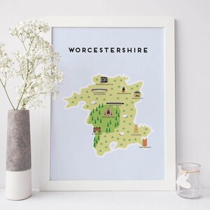 Worcestershire Karte - Illustrierte Karte von Worcestershire / Reisegeschenke / Geschenke für Reisende / Vereinigtes Königreich / Großbritannien